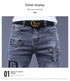 Slim Fit Korean Streetwear Graphical Printed Luxury Hip-Hop Stretch Denim Jeans for Men - Perfect Medium Wash Jeans Outfit